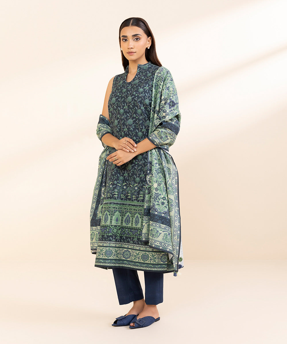 Women's Unstitched Khaddar Printed Blue 3 Piece Suit