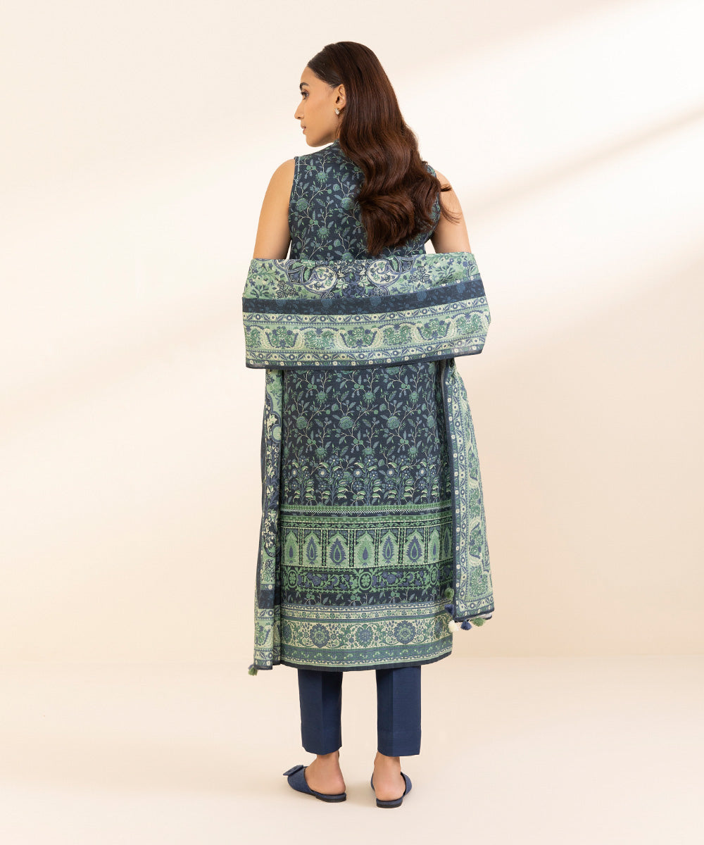 Women's Unstitched Khaddar Printed Blue 3 Piece Suit