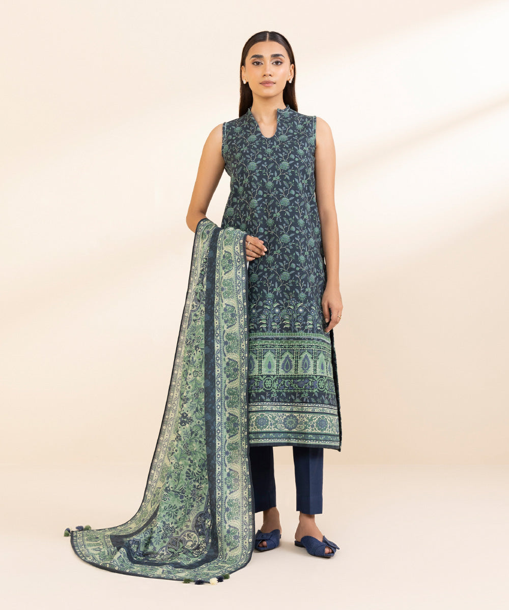 Women's Unstitched Khaddar Printed Blue 3 Piece Suit