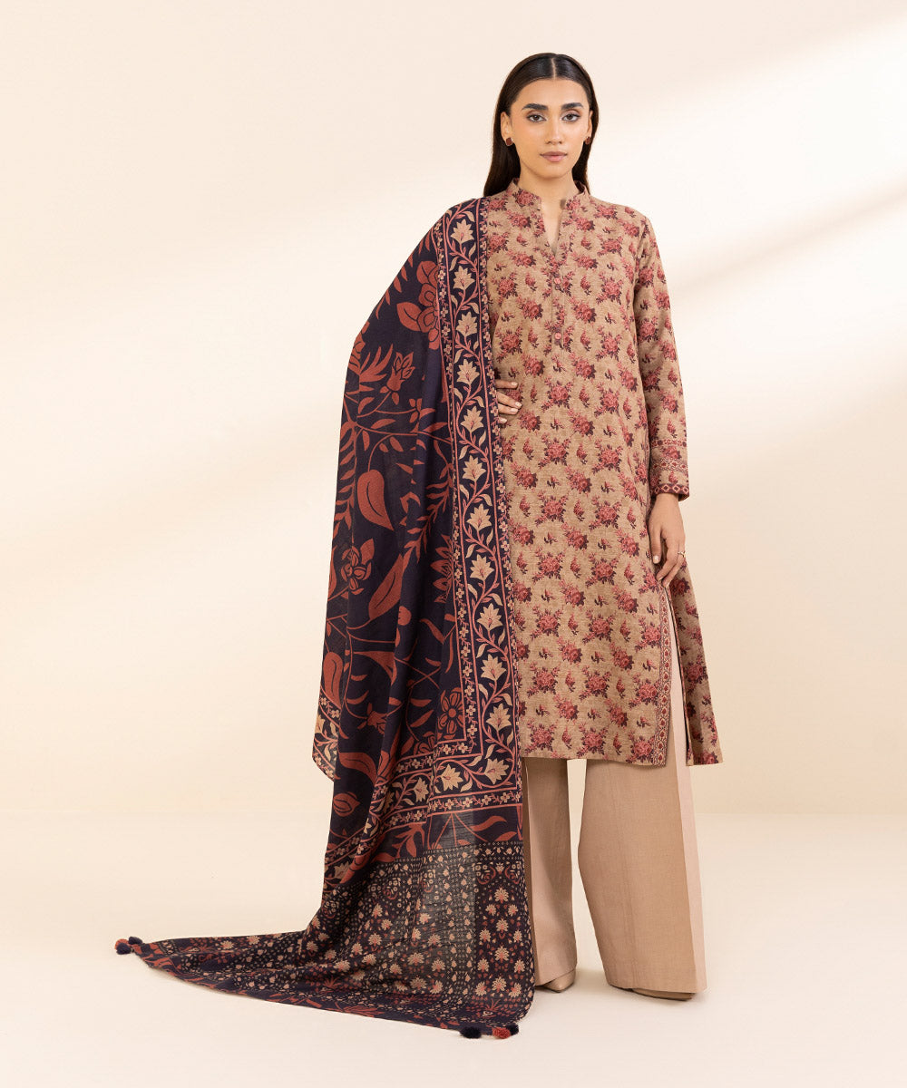 Women's Unstitched Khaddar Printed Multi 3 Piece Suit