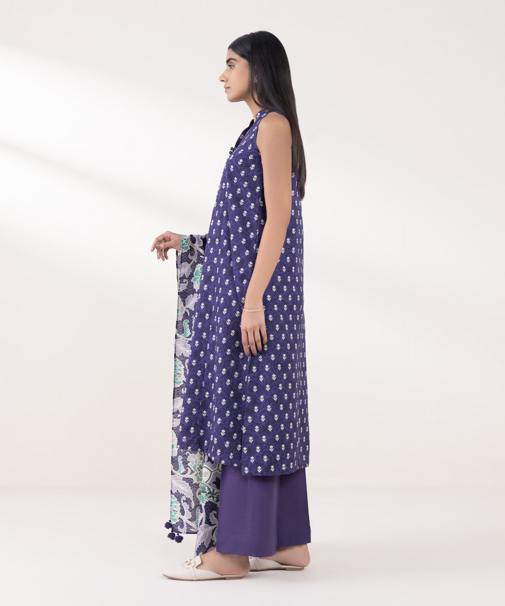 Women's Unstitched Khaddar Printed Purple 3 Piece Suit