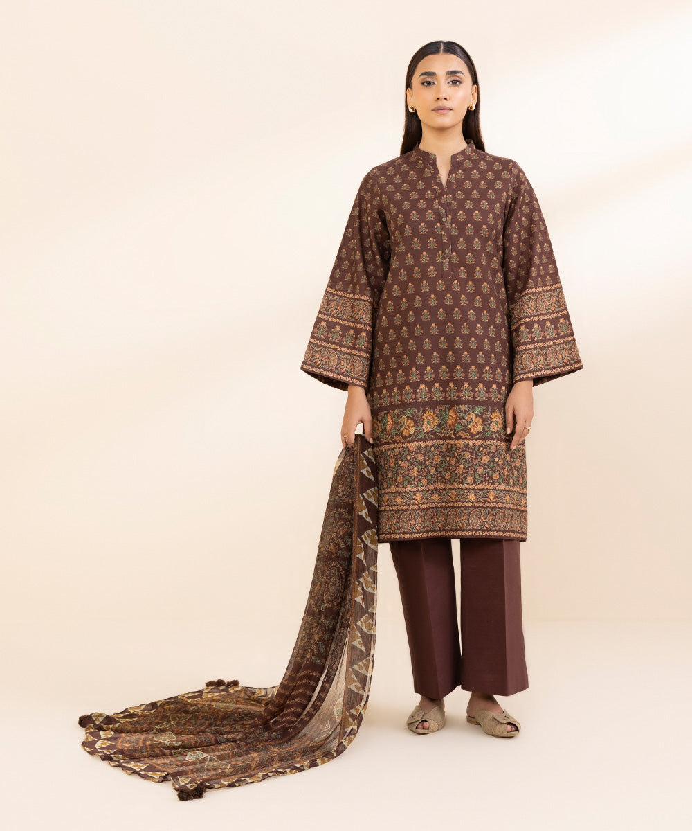 Women's Unstitched Khaddar Printed Brown 3 Piece Suit