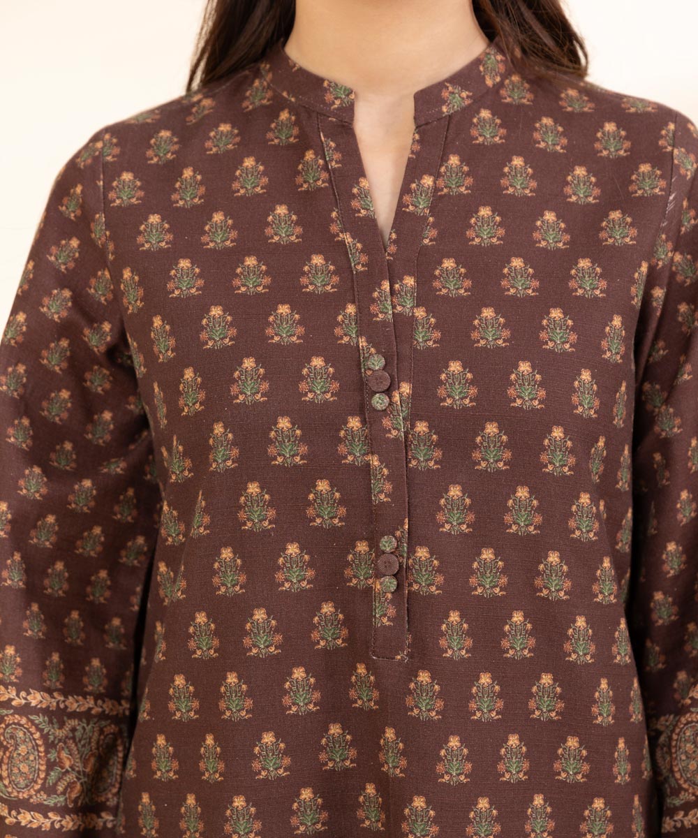 Women's Unstitched Khaddar Printed Brown 3 Piece Suit