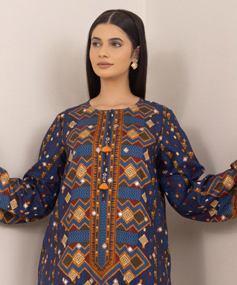 Women's Pret Dull Raw Silk Embroidered Blue A-Line Shirt