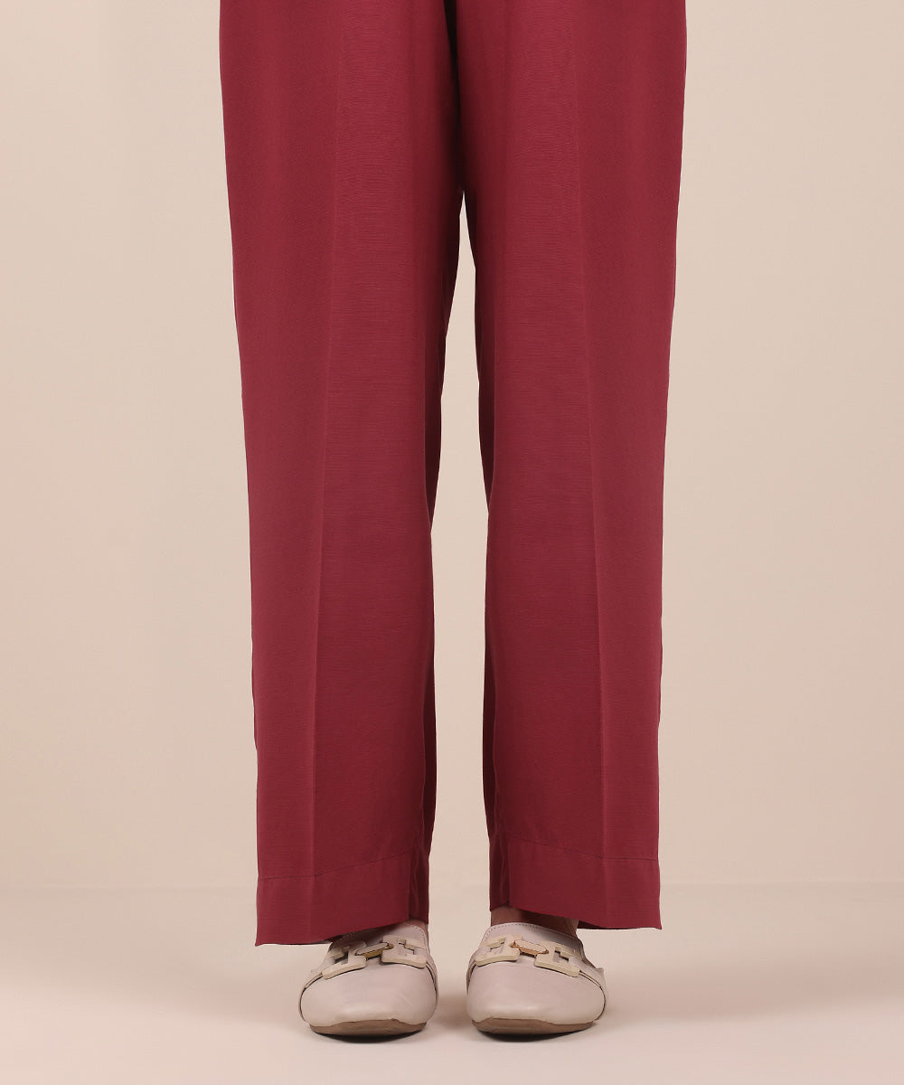 Women's Pret Pink Solid Dull Viscose Raw Silk Straight Trousers