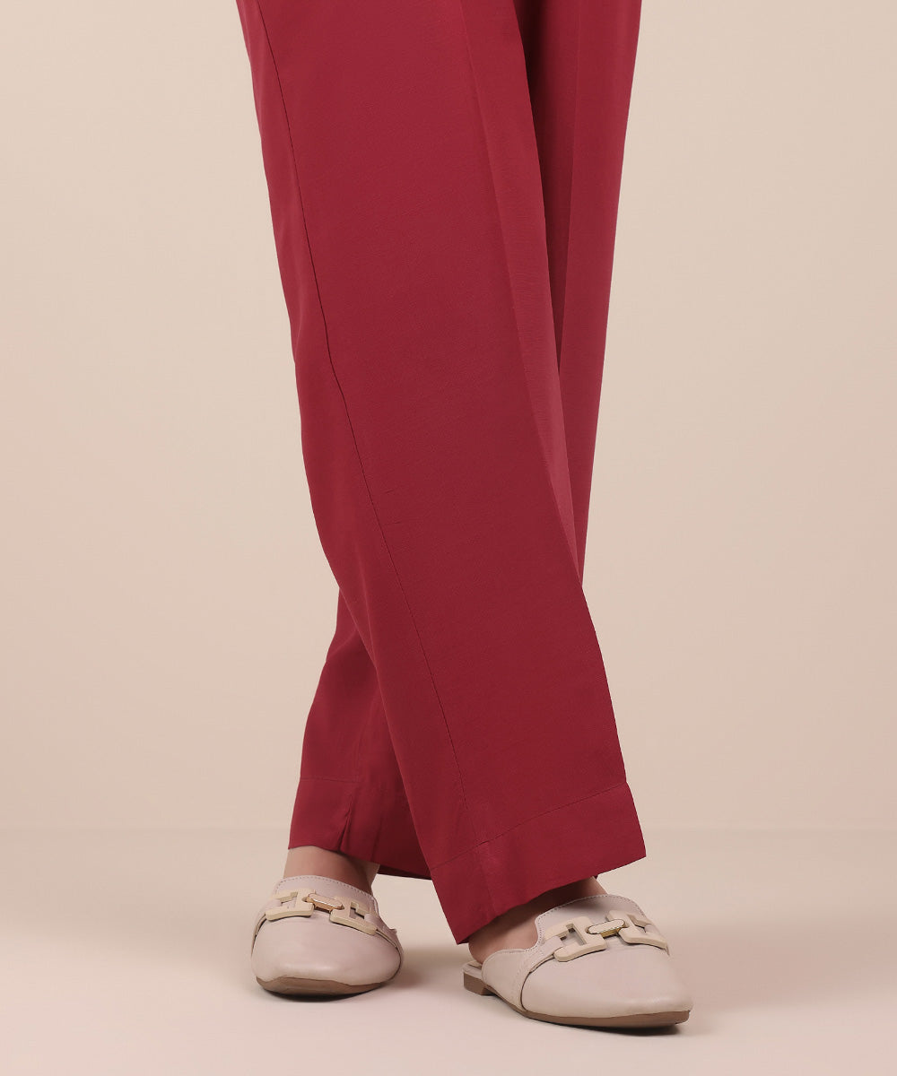 Women's Pret Pink Solid Dull Viscose Raw Silk Straight Trousers