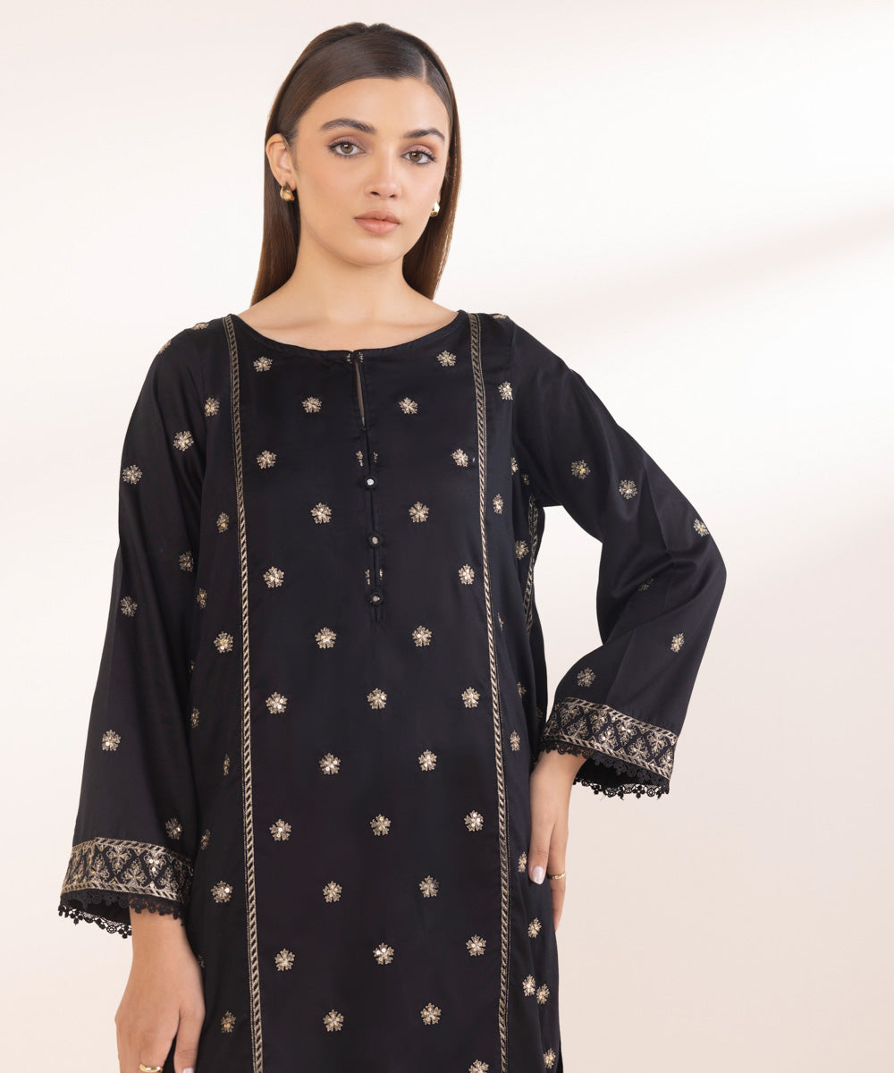 Women's Pret Black Solid Embroidered Cotton Satin A-Line Shirt