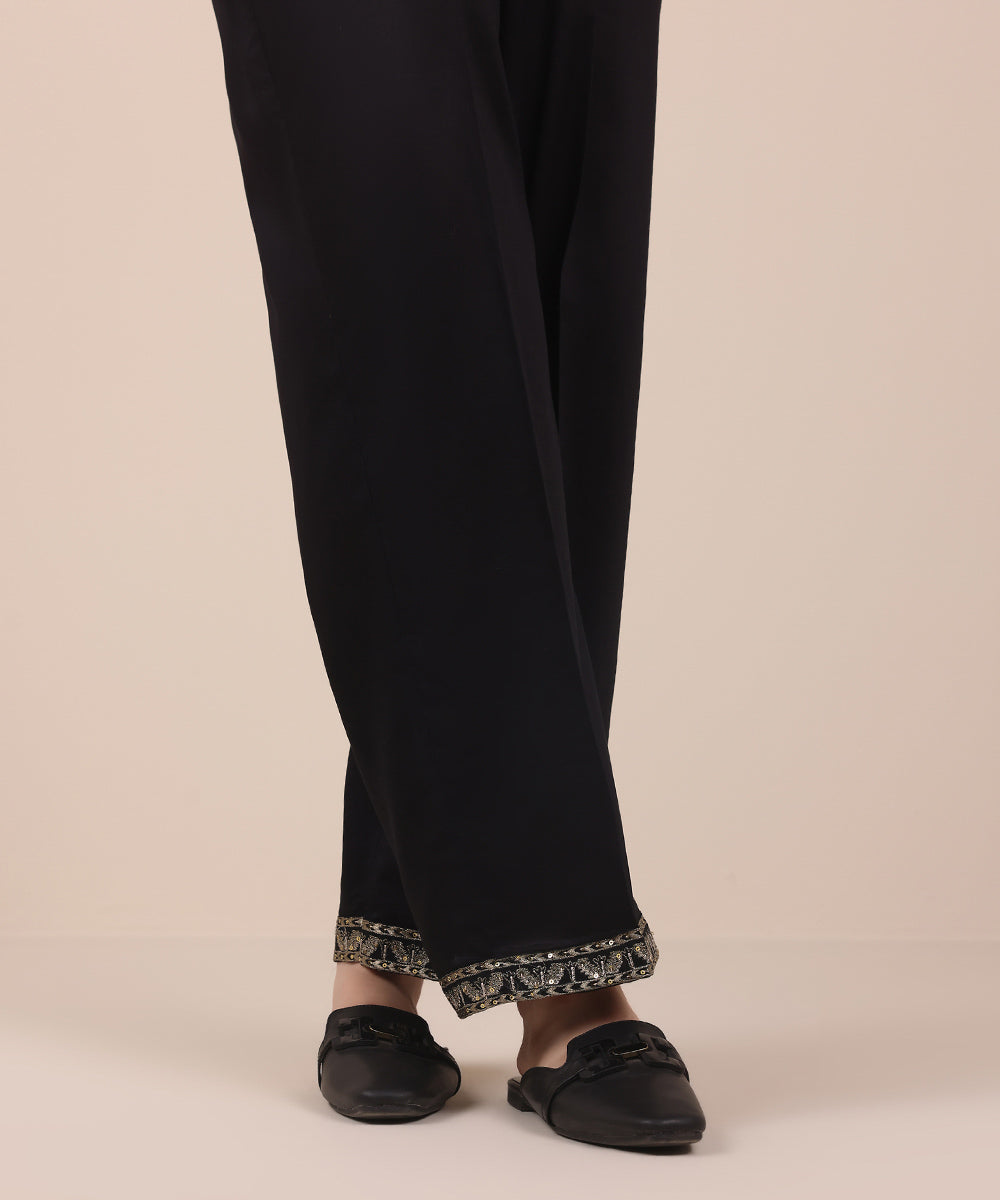 Women's Pret Black Solid Embroidered Cotton Satin Straight Trousers