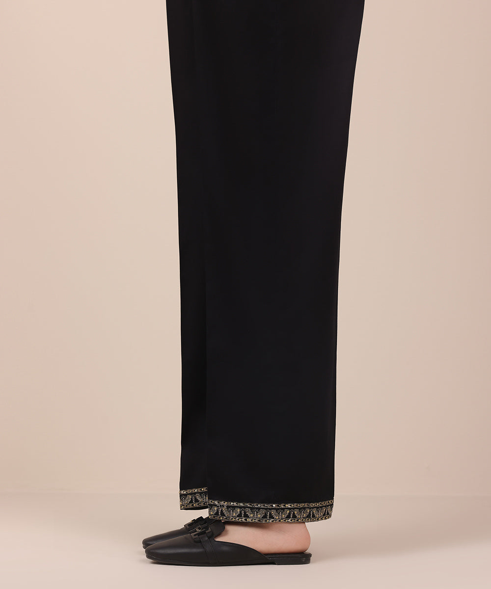 Women's Pret Black Solid Embroidered Cotton Satin Straight Trousers