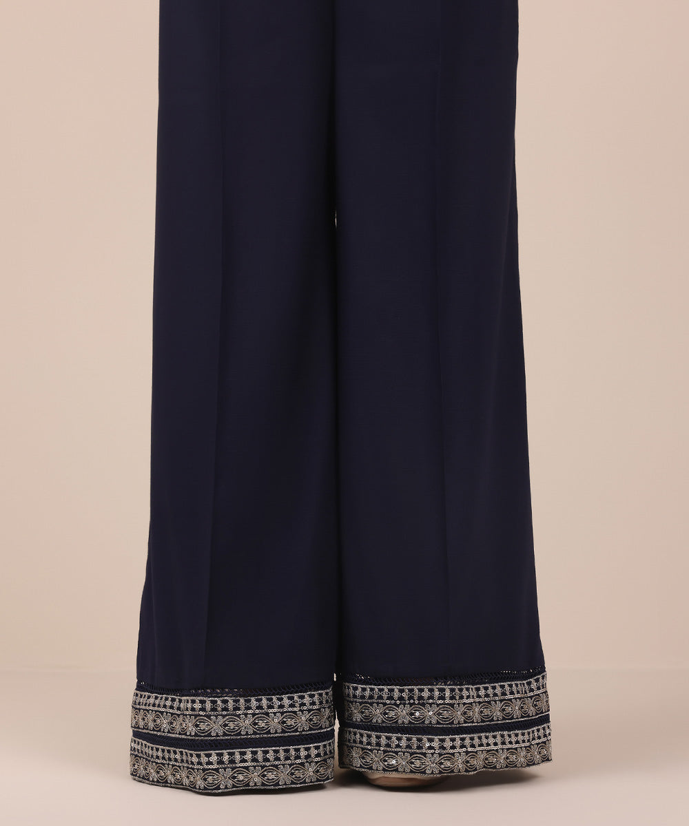 Women's Pret Blue Solid Embroidered Dull Viscose Raw Silk Culottes Trousers