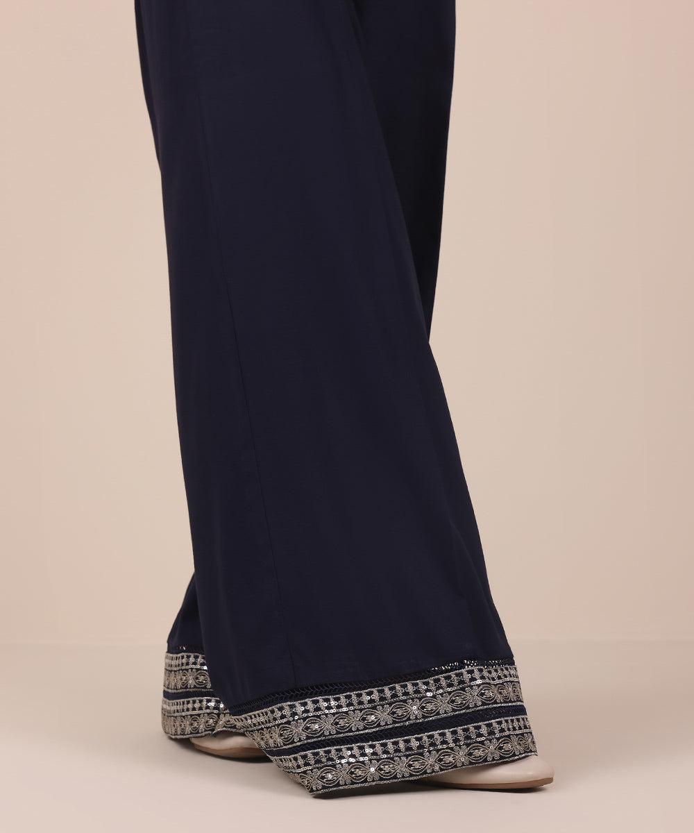 Women's Pret Blue Solid Embroidered Dull Viscose Raw Silk Culottes Trousers