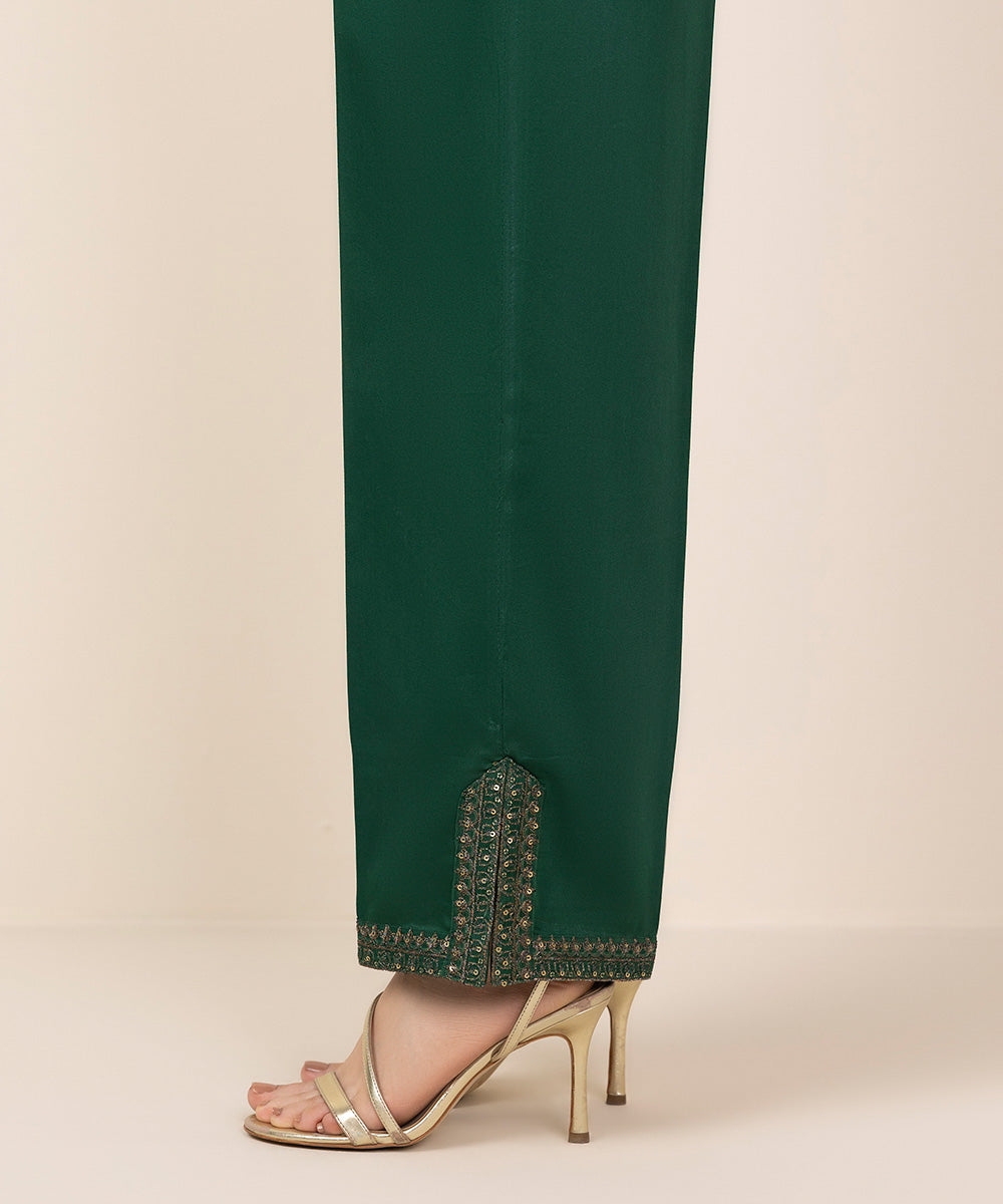 Women's Pret Green Solid Embroidered Cotton Satin Straight Trousers