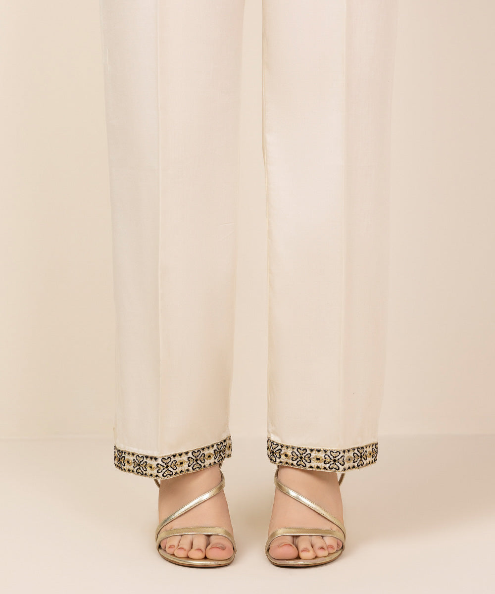 Women's Pret Off White Solid Embroidered Cotton Satin Straight Trousers