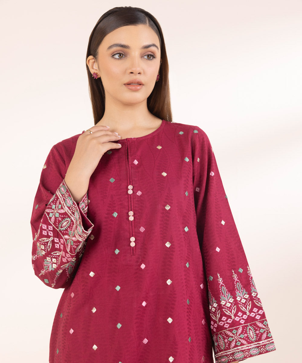 Women's Pret Red Solid Embroidered Cotton Jacquard A-Line Shirt