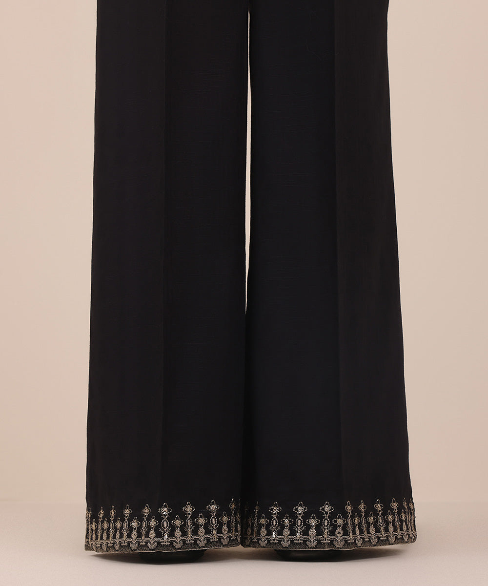 Women's Pret Black Solid Embroidered Cotton Jacquard Flared Trousers