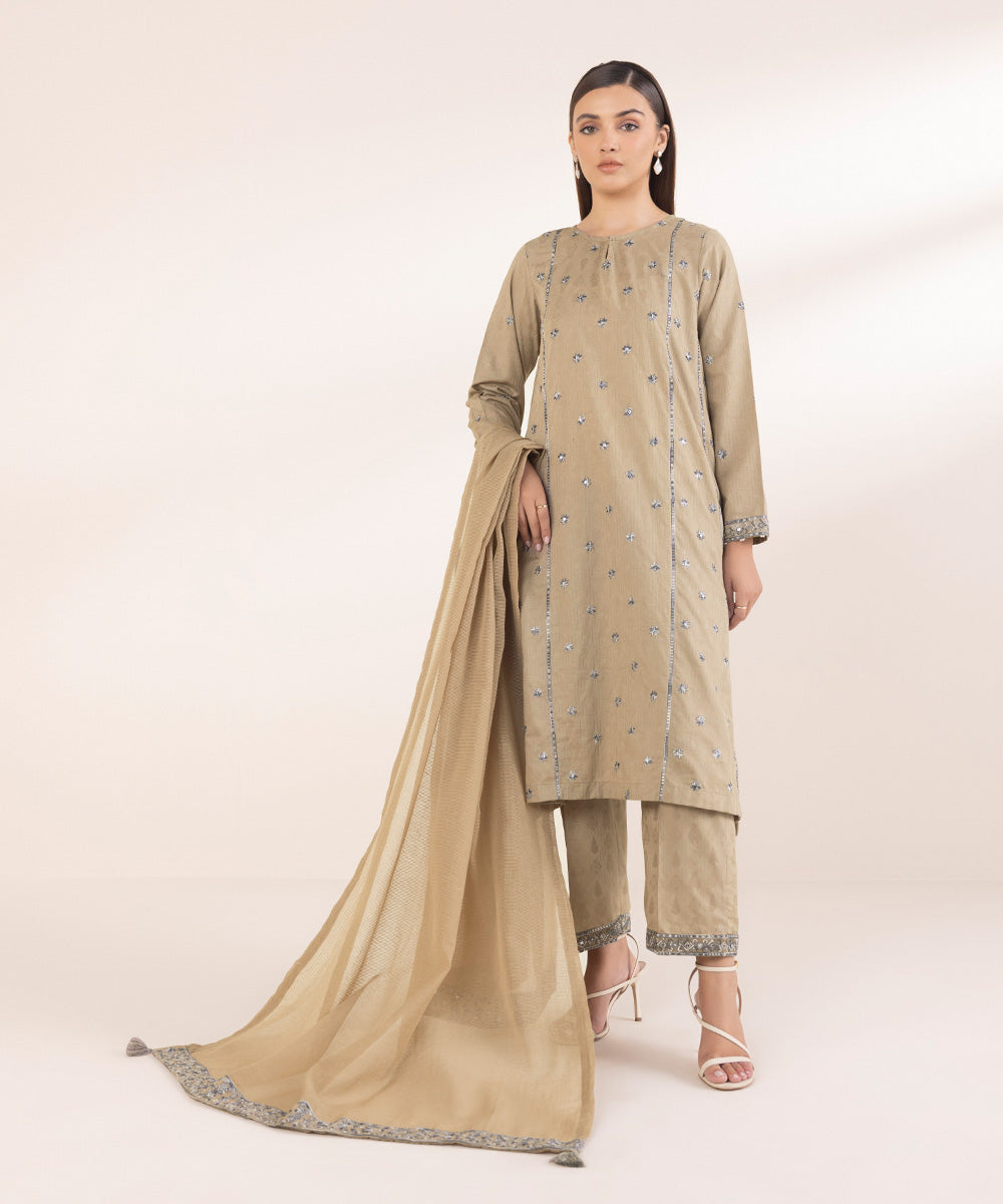 Women's Pret Beige Solid Embroidered Blended Textured Karandi Dupatta