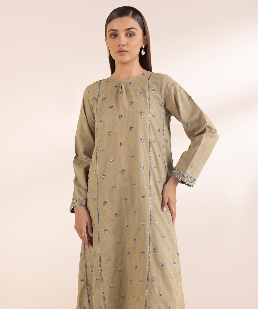 Women's Pret Beige Solid Embroidered Cotton Jacquard A-Line Flared Shirt