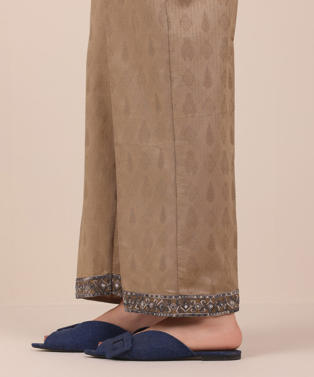 Women's Pret Brown Solid Embroidered Cotton Jacquard Straight Trousers