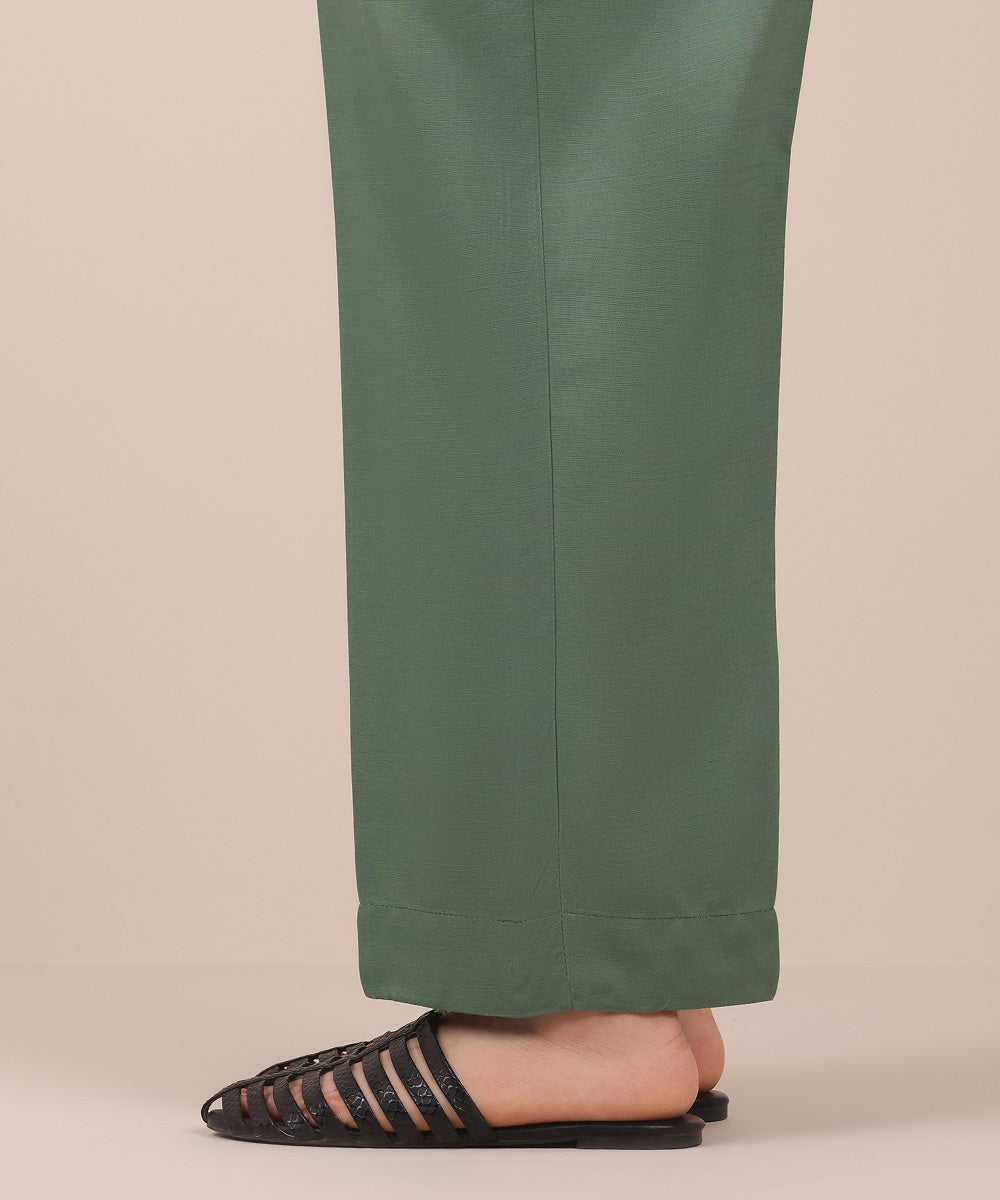 Women's Pret Green Solid Dull Viscose Raw Silk Straight Trousers