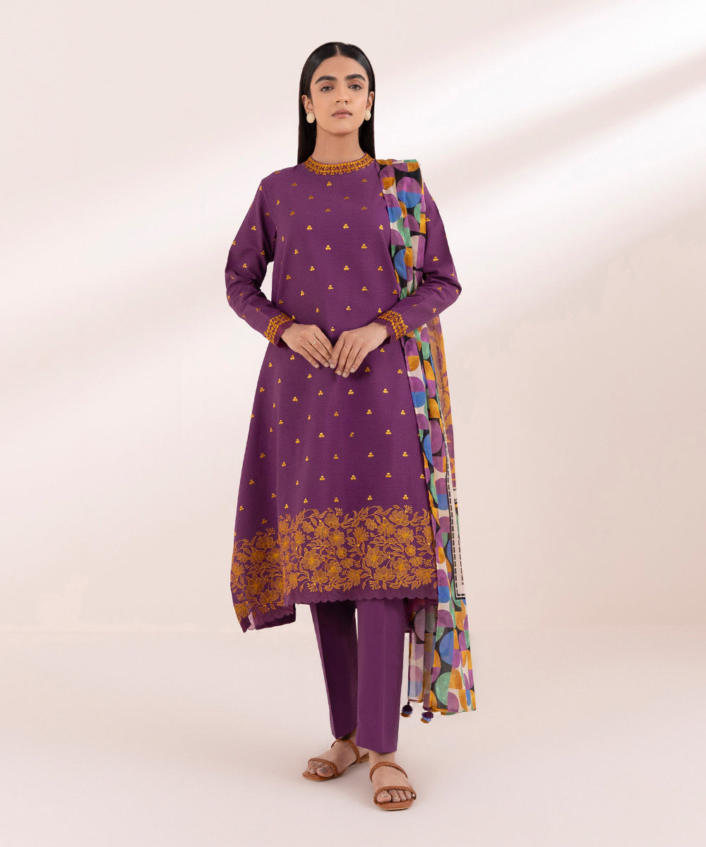 Women's Unstitched Dobby Purple Embroidered 3 Piece Suit