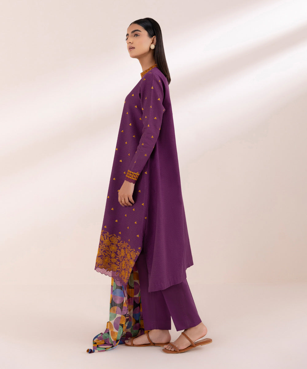 Women's Unstitched Dobby Purple Embroidered 3 Piece Suit