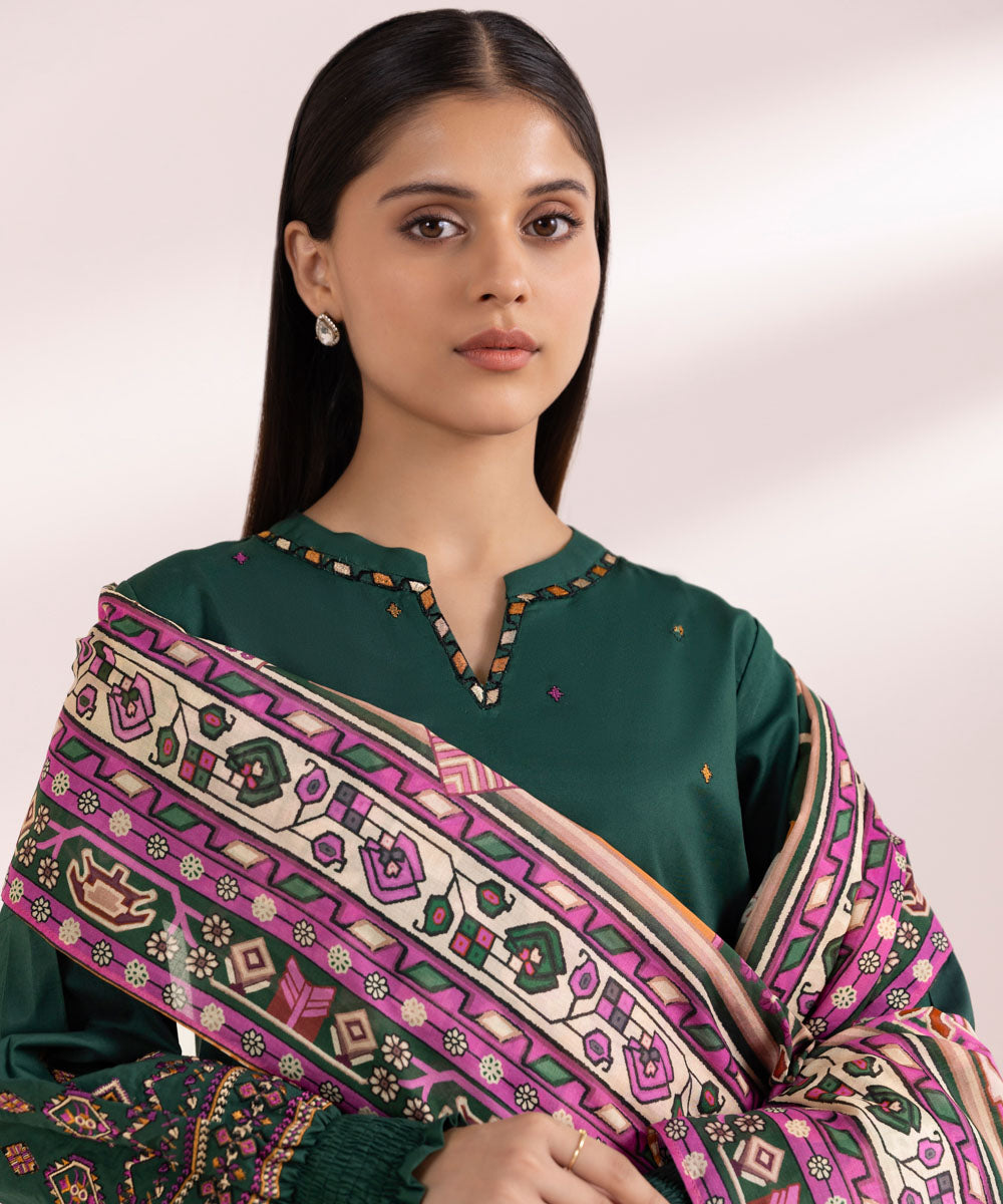 Women's Unstitched Cambric Green Embroidered 3 Piece Suit