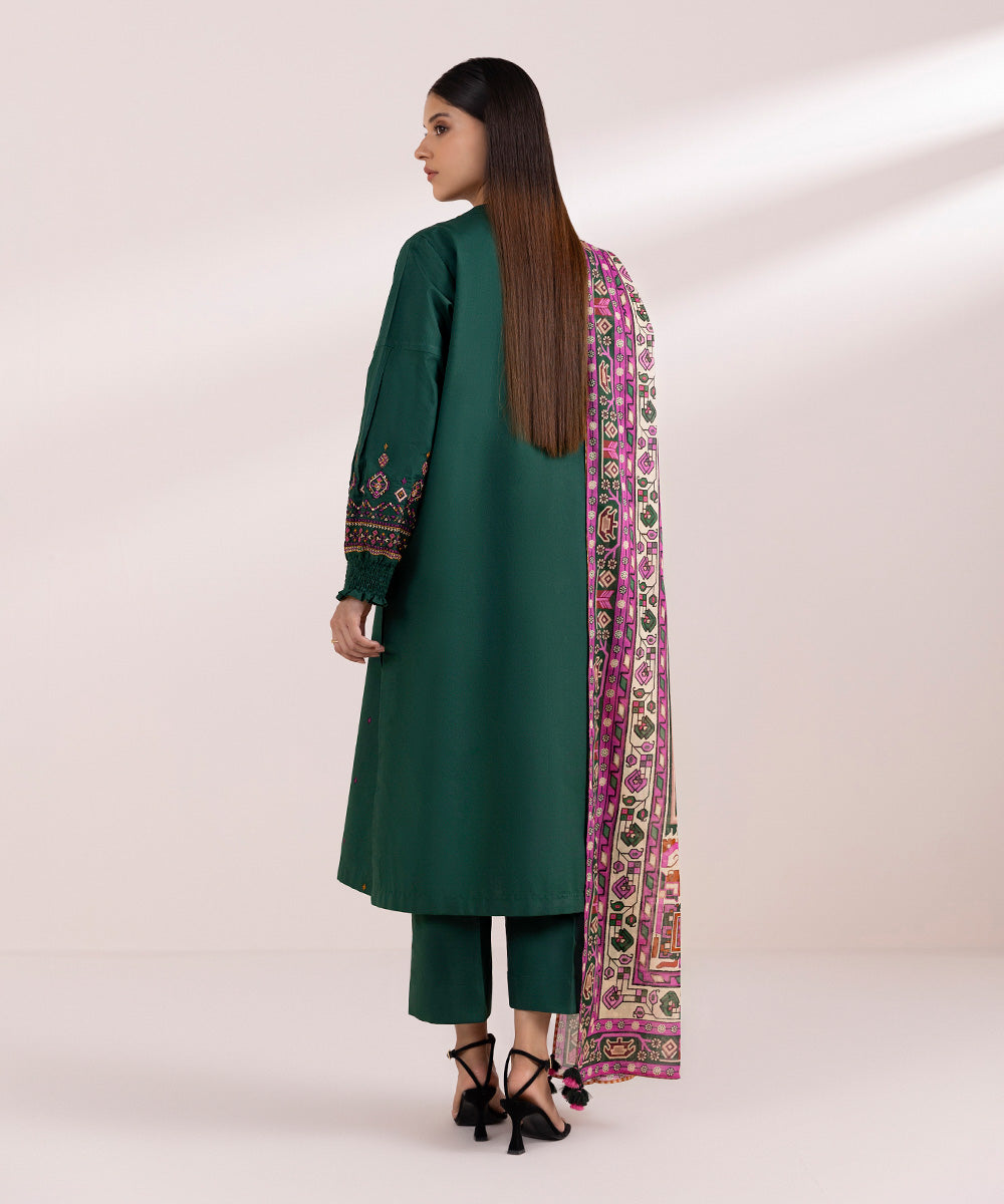 Women's Unstitched Cambric Green Embroidered 3 Piece Suit