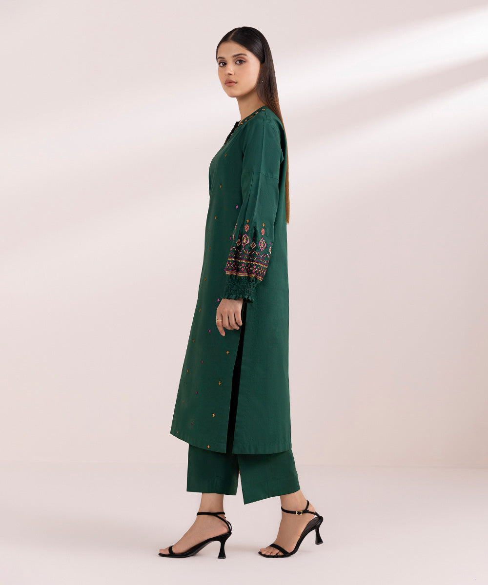 Women's Unstitched Cambric Green Embroidered 3 Piece Suit