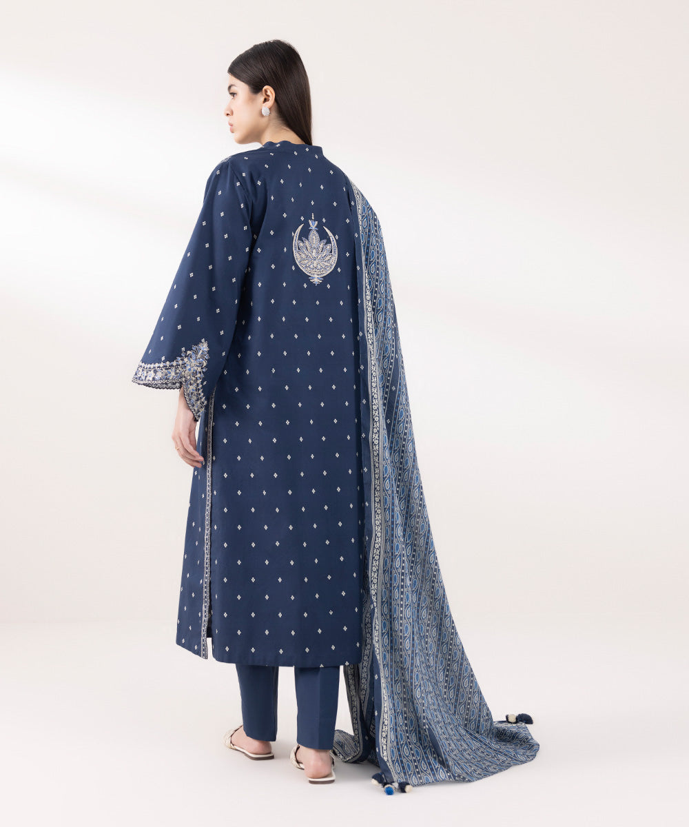 Women's Unstitched Cambric Embroidered Blue 3 Piece Suit