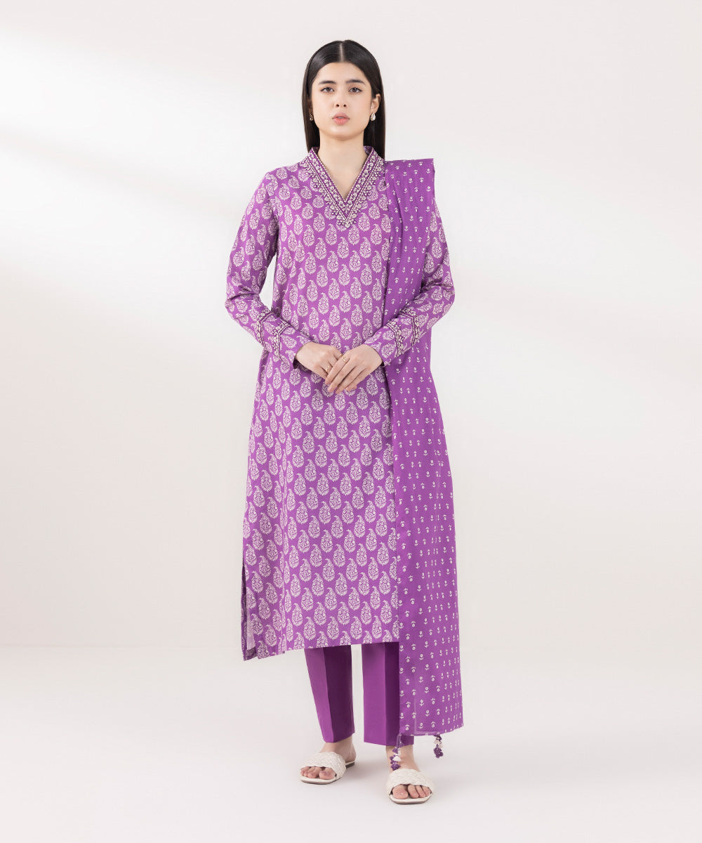 Women's Unstitched Lawn Embroidered Purple 3 Piece Suit