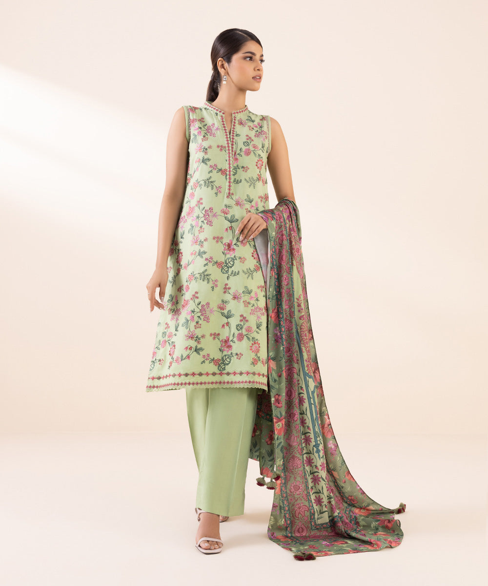 Women's Unstitched Linen Green Embroidered 3 Piece Suit