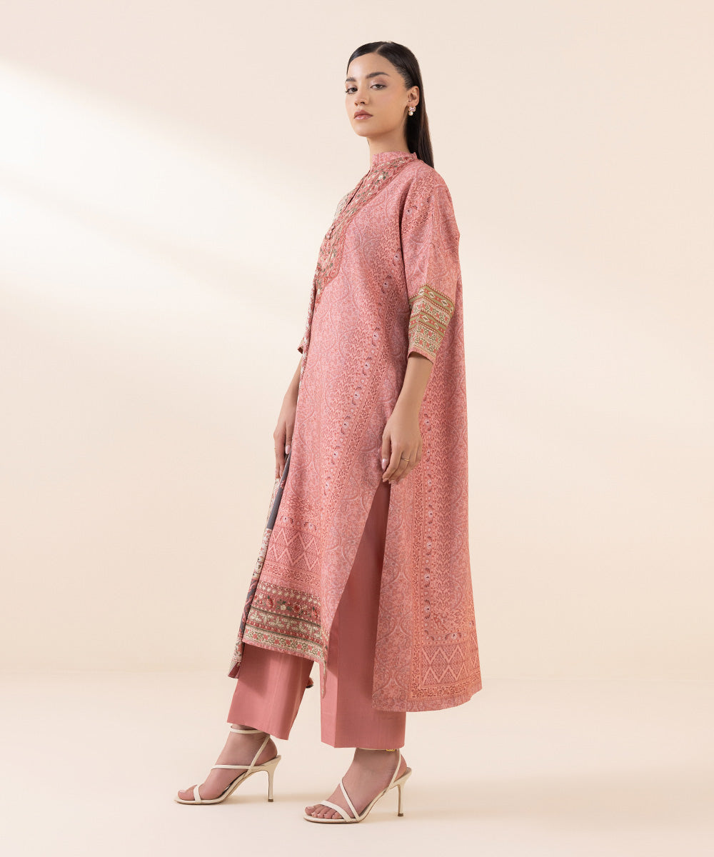 Women's Unstitched Linen Pink Embroidered 3 Piece Suit