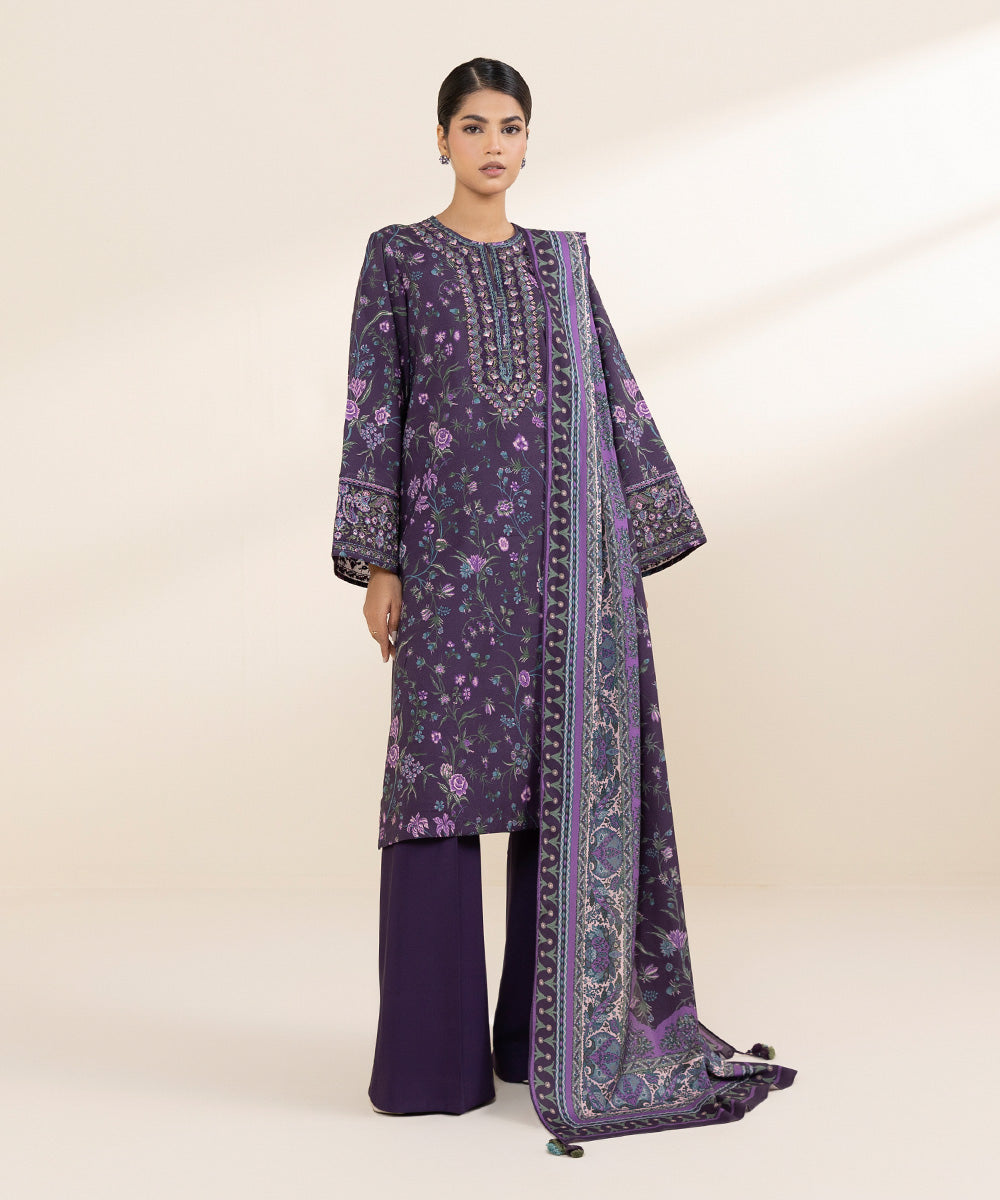 Women's Unstitched Linen Purple Embroidered 3 Piece Suit