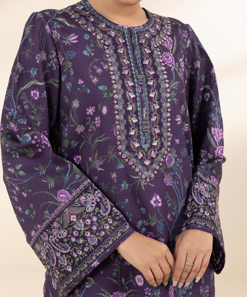 Women's Unstitched Linen Purple Embroidered 3 Piece Suit