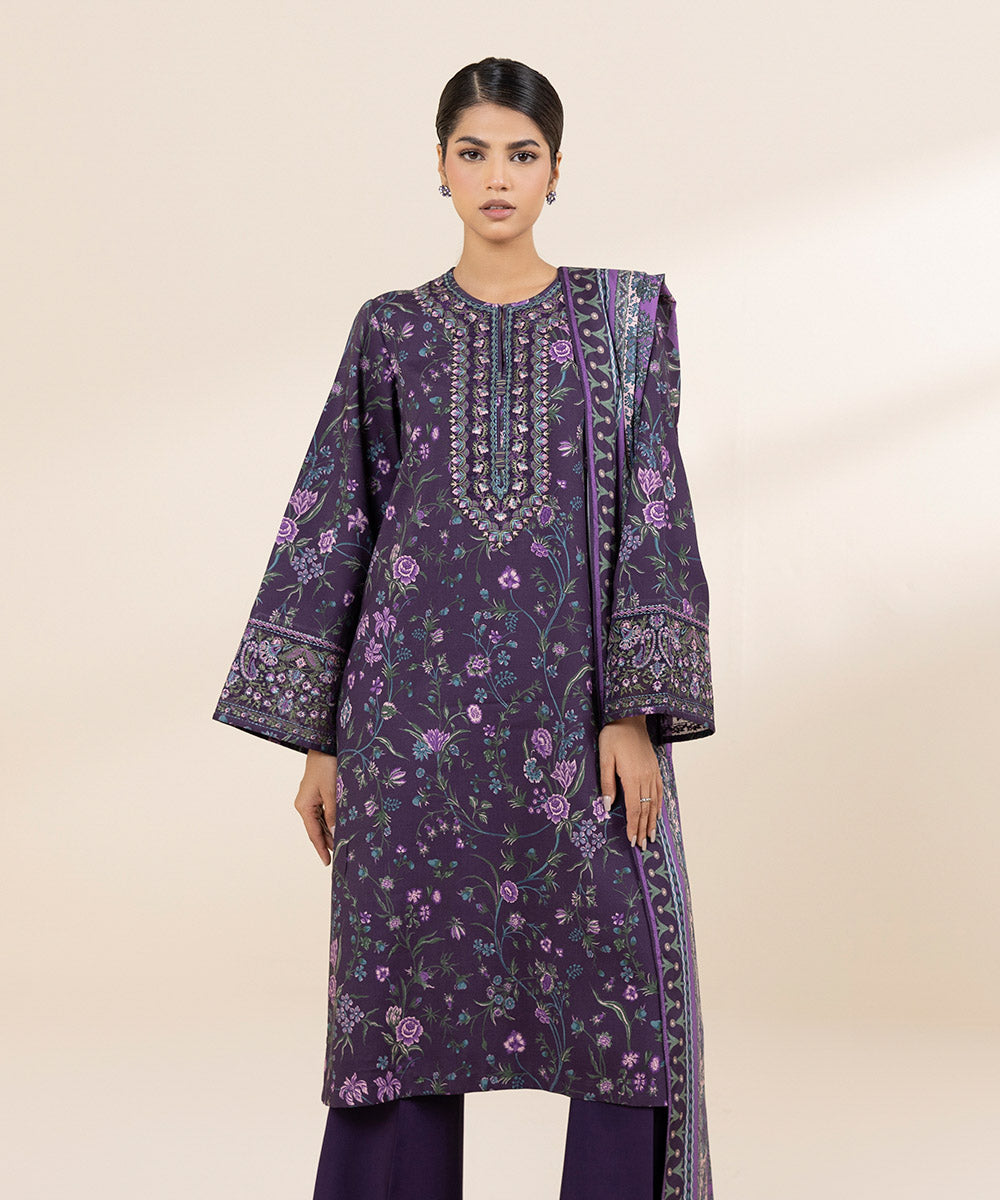 Women's Unstitched Linen Purple Embroidered 3 Piece Suit