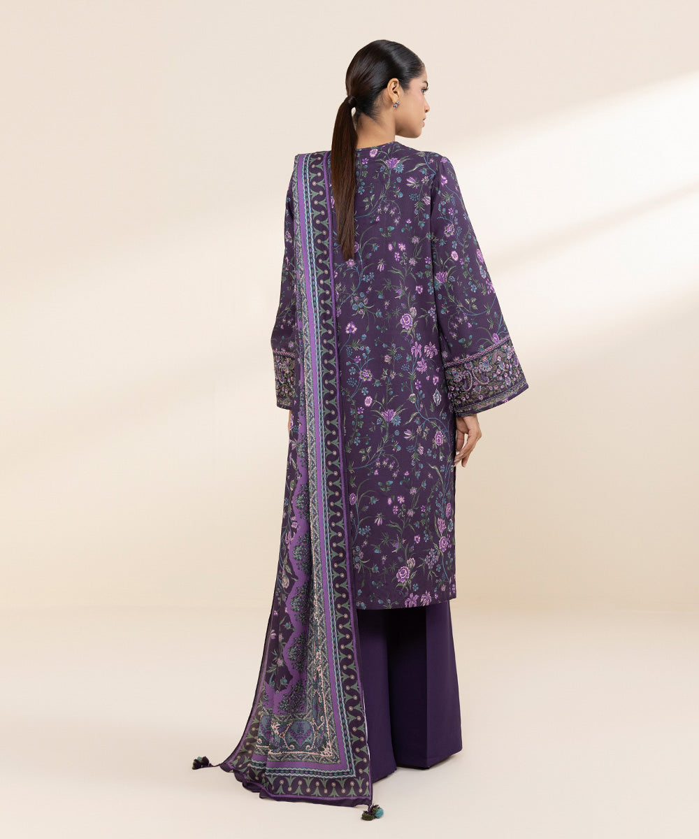 Women's Unstitched Linen Purple Embroidered 3 Piece Suit