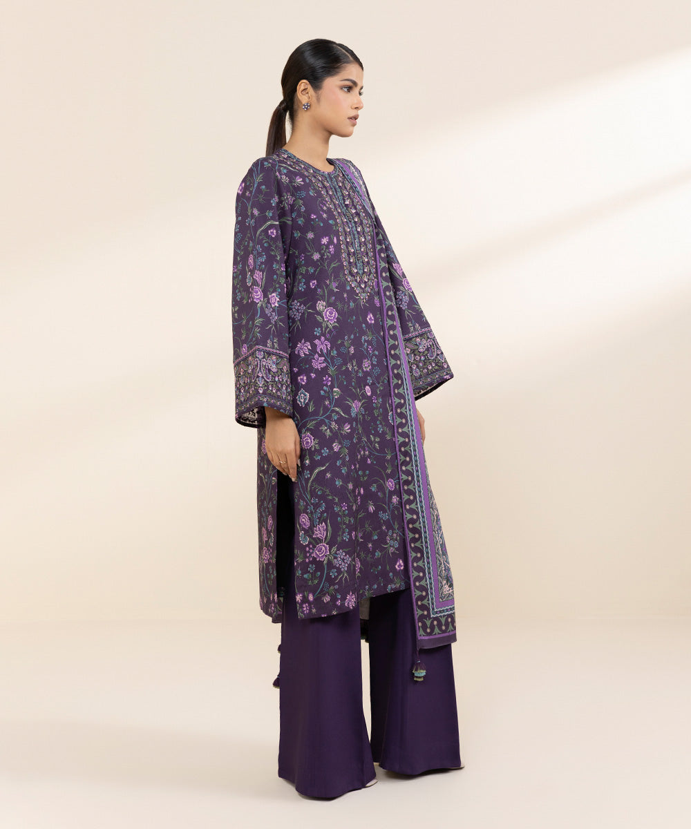 Women's Unstitched Linen Purple Embroidered 3 Piece Suit