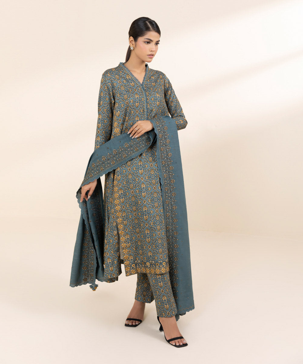 Women's Unstitched Linen Grey Embroidered 3 Piece Suit