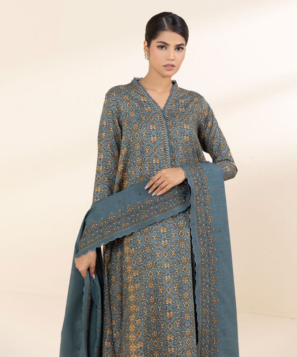 Women's Unstitched Linen Grey Embroidered 3 Piece Suit