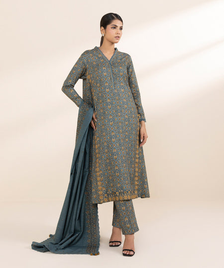 Women's Unstitched Linen Grey Embroidered 3 Piece Suit