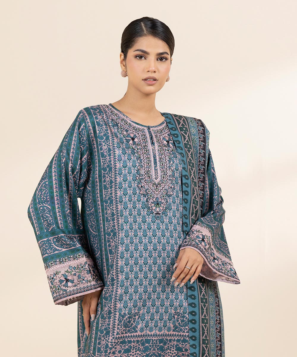 Women's Unstitched Linen Blue Embroidered 3 Piece Suit