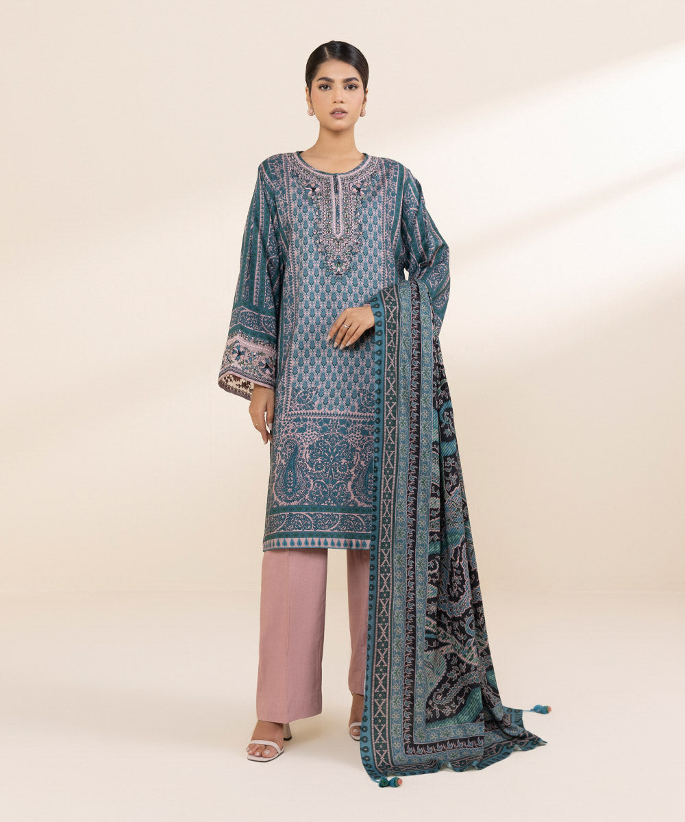 Women's Unstitched Linen Blue Embroidered 3 Piece Suit