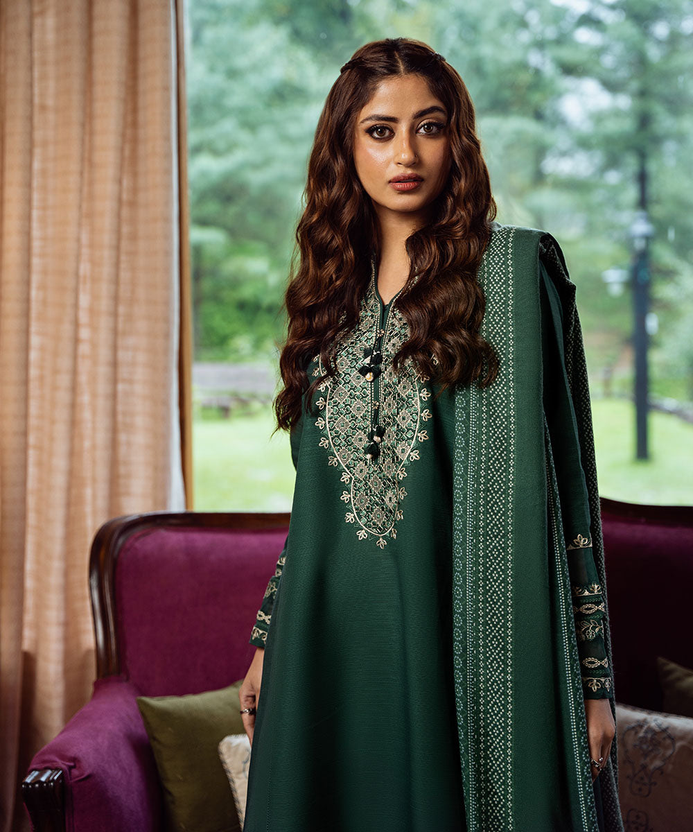 Women's Unstitched Light Khaddar Green Embroidered 3 Piece Suit