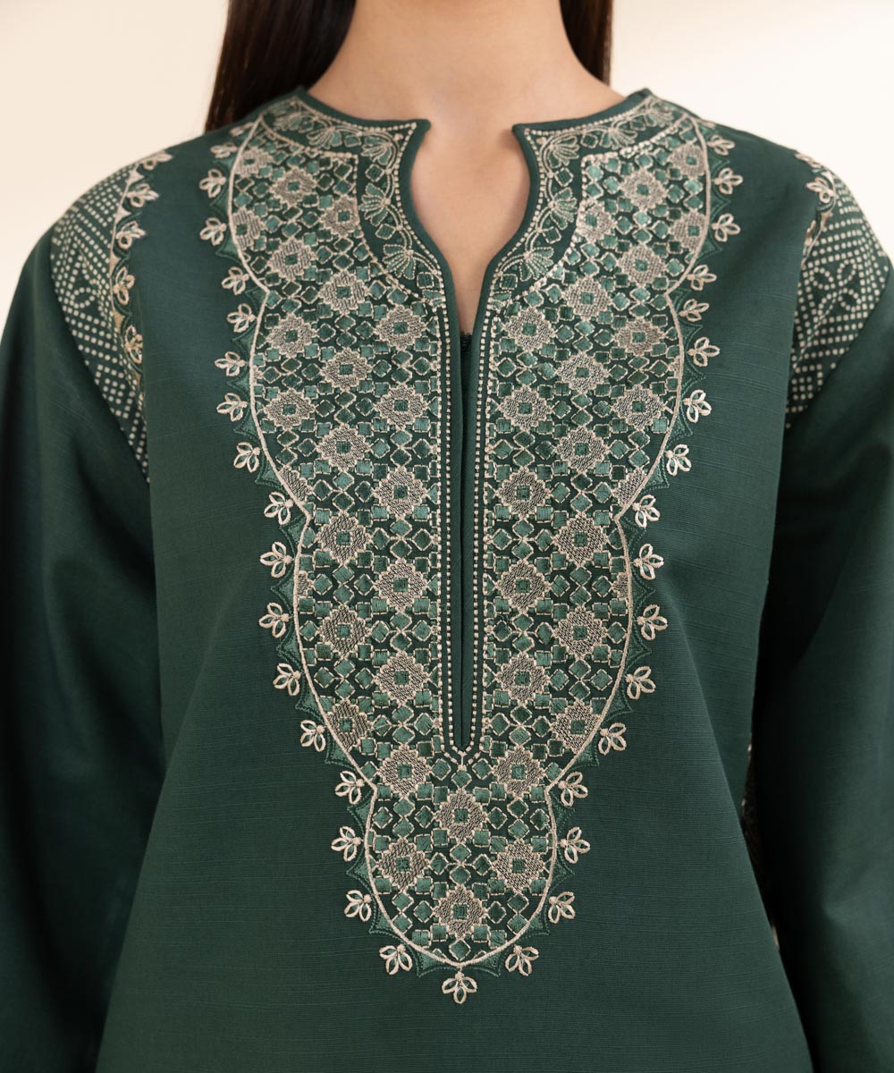 Women's Unstitched Light Khaddar Green Embroidered 3 Piece Suit