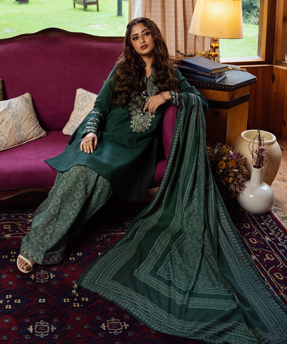 Women's Unstitched Light Khaddar Green Embroidered 3 Piece Suit