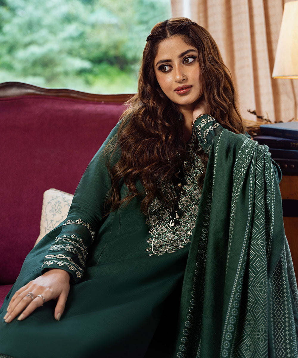 Women's Unstitched Light Khaddar Green Embroidered 3 Piece Suit