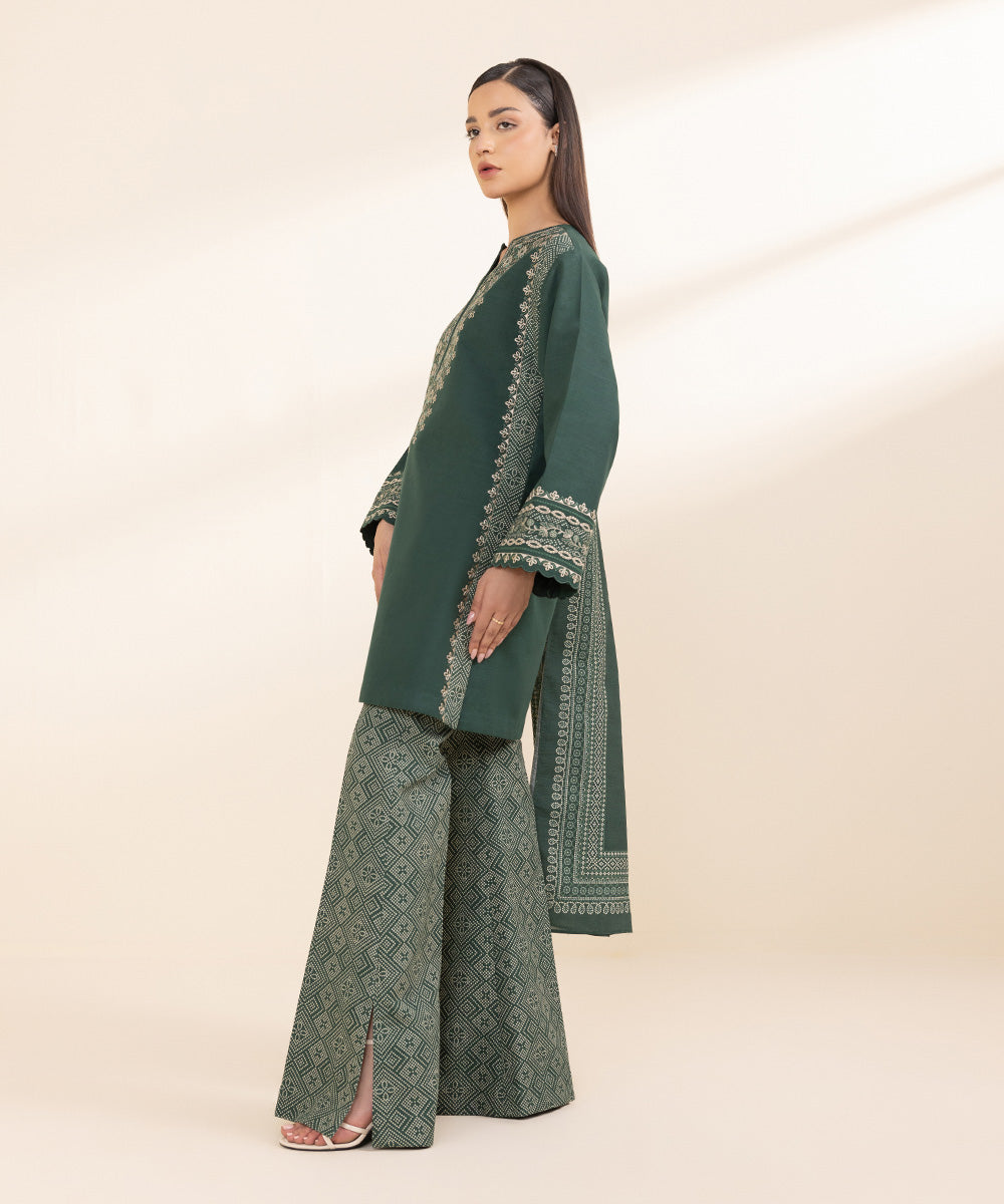 Women's Unstitched Light Khaddar Green Embroidered 3 Piece Suit