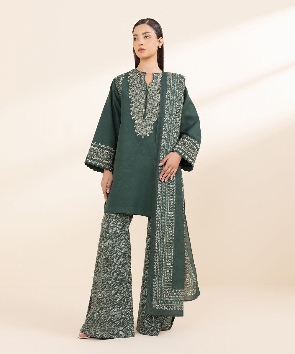 Women's Unstitched Light Khaddar Green Embroidered 3 Piece Suit