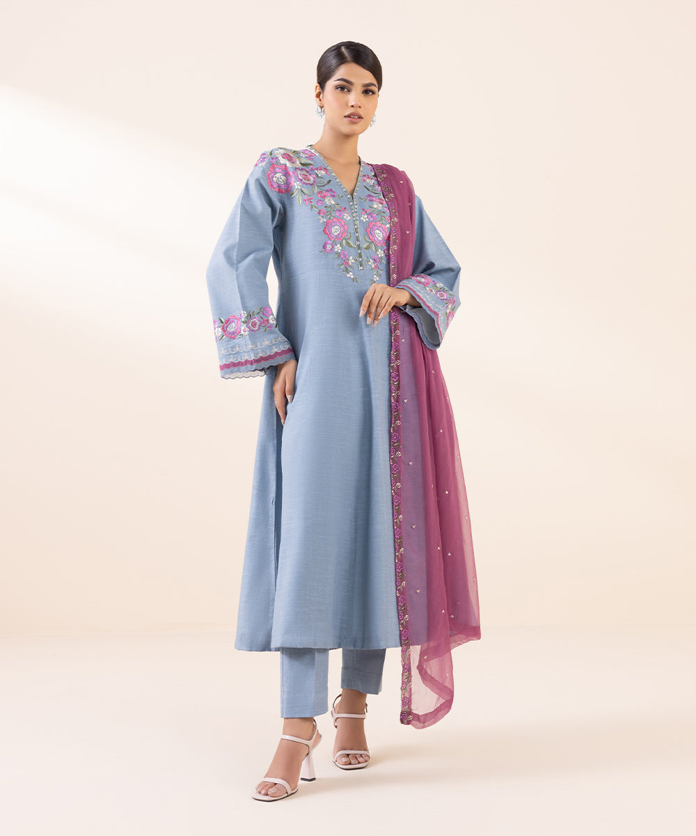 Women's Unstitched Light Khaddar Purple Embroidered 3 Piece Suit