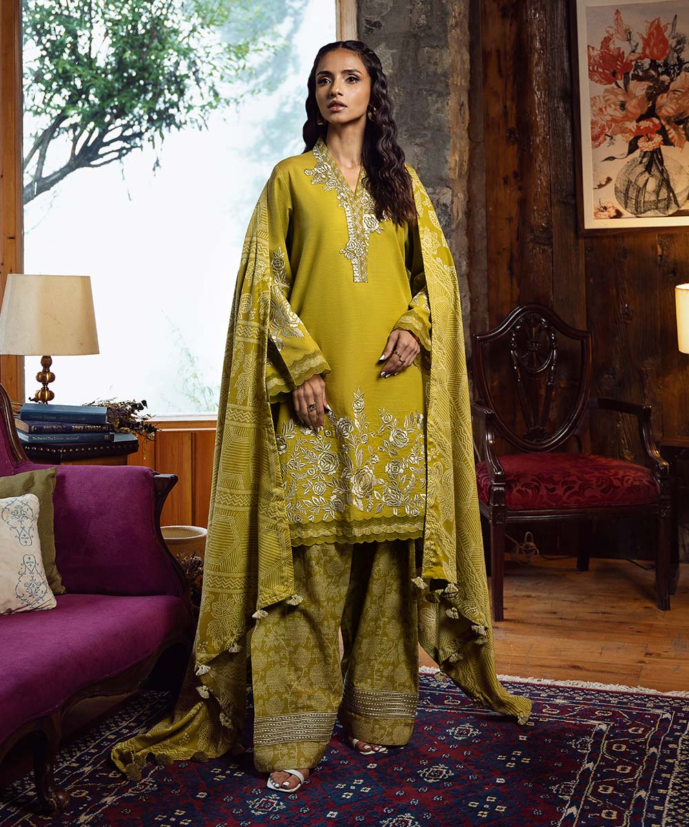 Women's Unstitched Light Khaddar Yellow Embroidered 3 Piece Suit